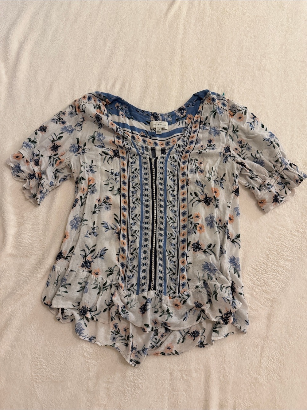 Lucky Brand Blue and Peach Floral Embroidered Pullover Blouse
